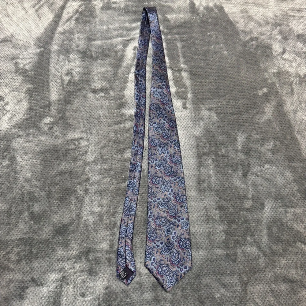Lazarus Mens Silk Paisley Tie Blue Red Tan Geometric Made‎ in USA RN 21836